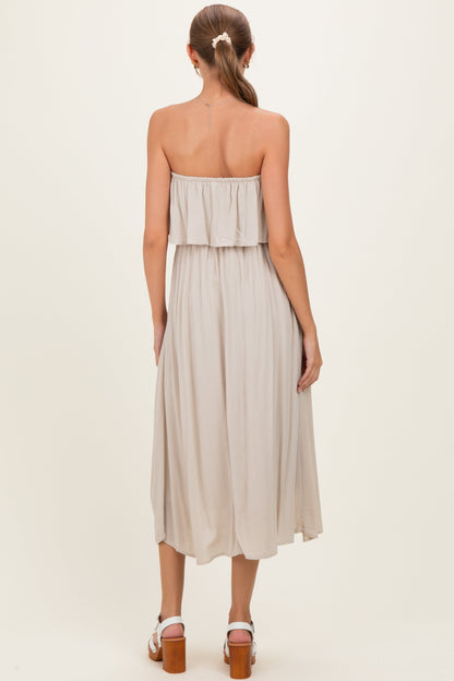 Sand Beige Woven Crinkle Flounce Strapless Maternity Maxi Dress