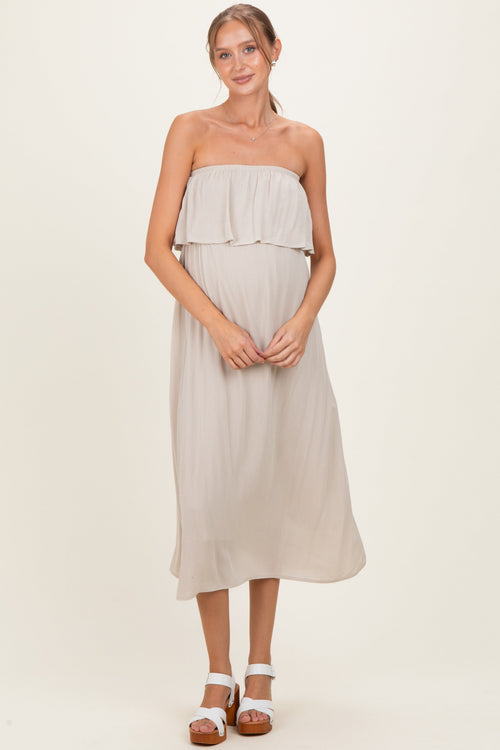 Sand Beige Woven Crinkle Flounce Strapless Maternity Maxi Dress