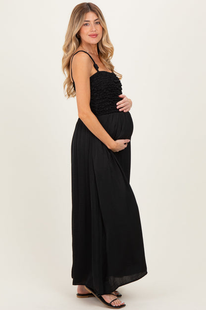 Black Textured Smocked Maternity Maxi Dress