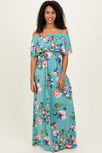 Light Blue Off Shoulder Floral Ruffle Maternity Maxi Dress
