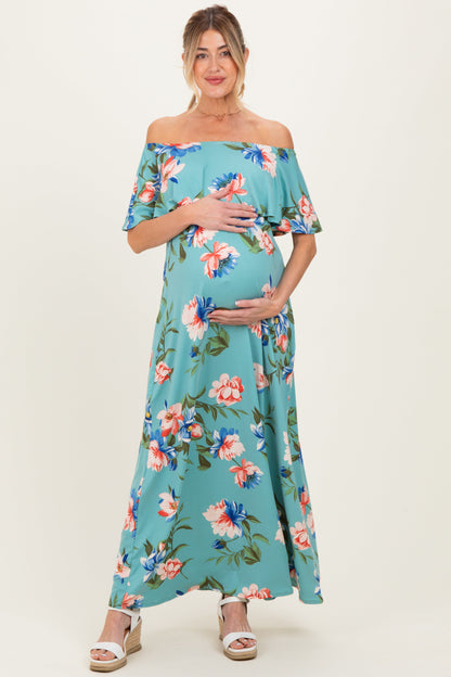 Light Blue Off Shoulder Floral Ruffle Maternity Maxi Dress