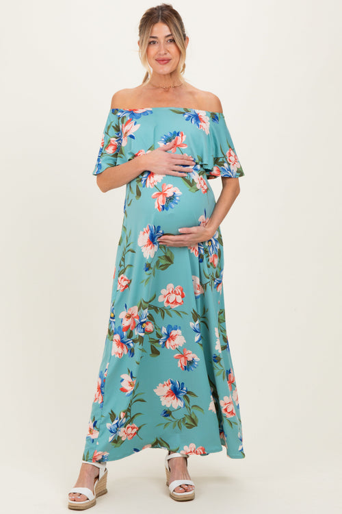 Light Blue Off Shoulder Floral Ruffle Maternity Maxi Dress
