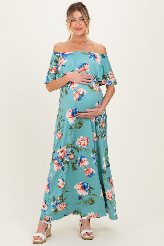 Light Blue Off Shoulder Floral Ruffle Maternity Maxi Dress
