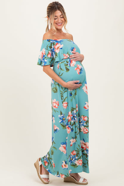 Light Blue Off Shoulder Floral Ruffle Maternity Maxi Dress