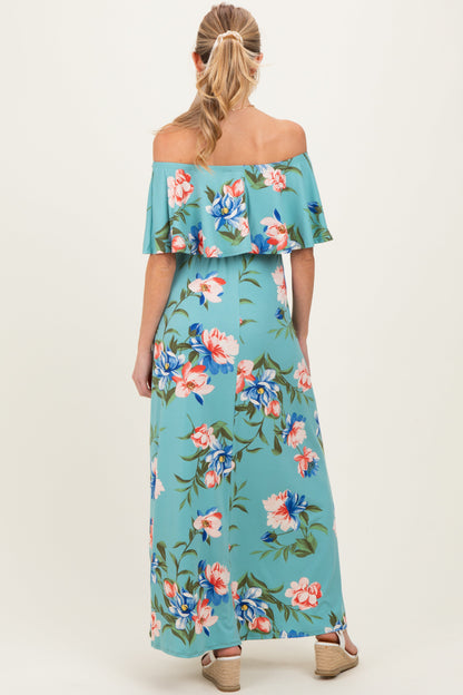 Light Blue Off Shoulder Floral Ruffle Maternity Maxi Dress