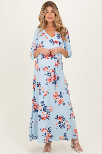 Sky Blue Floral Maternity Wrap Maxi Dress