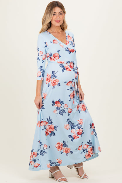 Sky Blue Floral Maternity Wrap Maxi Dress