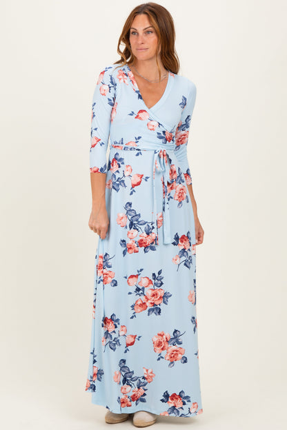 Sky Blue Floral Maternity Wrap Maxi Dress