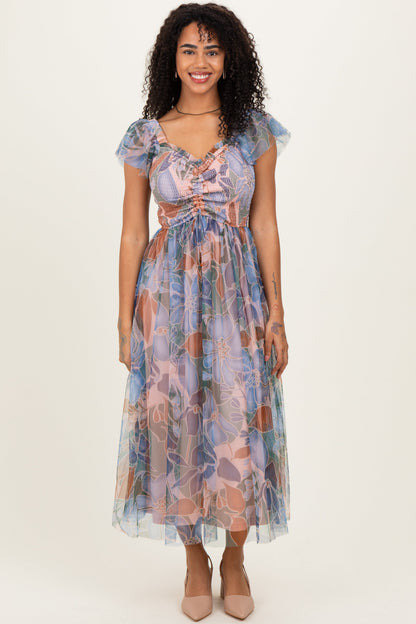 Multicolor Floral Mesh Smocked Cinched Bodice Maternity Midi Dresses
