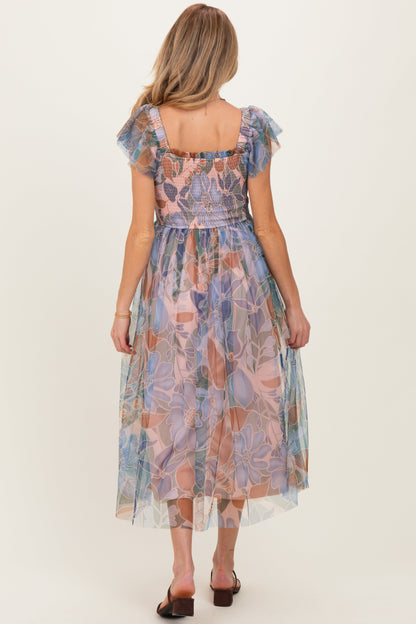 Multicolor Floral Mesh Smocked Cinched Bodice Maternity Midi Dresses