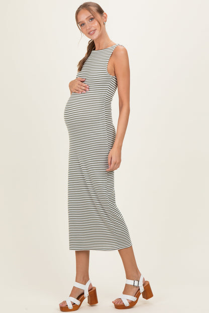 Olive Striped Boat Neck Sleeveless Maternity Midi Dress
