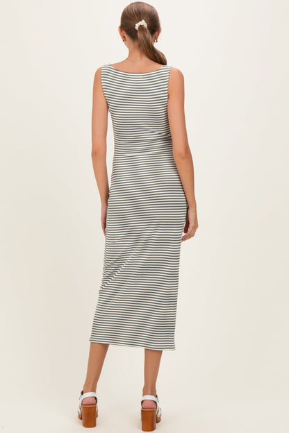Olive Striped Boat Neck Sleeveless Maternity Midi Dress