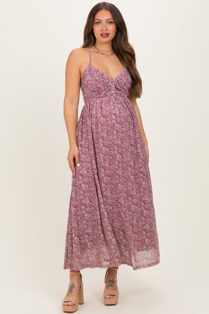 Mauve Criss-Cross Back Mesh Maternity Dress