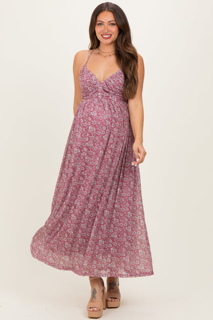 Mauve Criss-Cross Back Mesh Maternity Dress