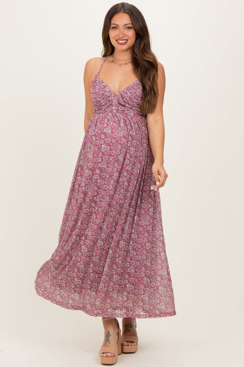 Mauve Criss-Cross Back Mesh Maternity Dress