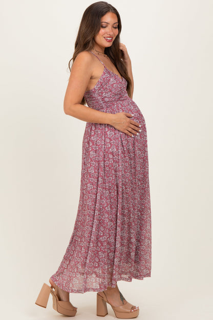 Mauve Criss-Cross Back Mesh Maternity Dress