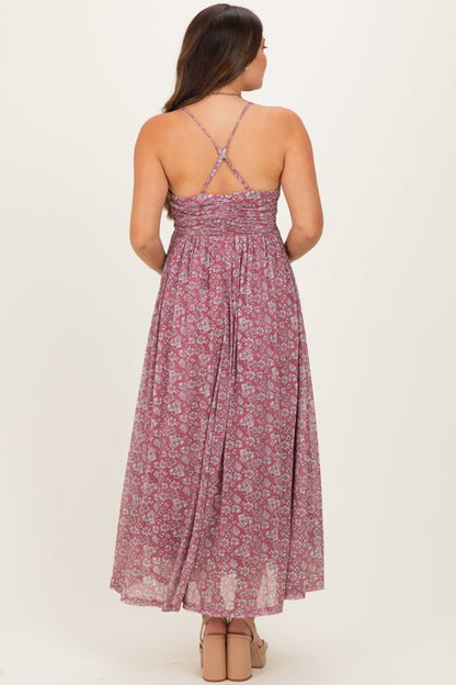 Mauve Criss-Cross Back Mesh Maternity Dress