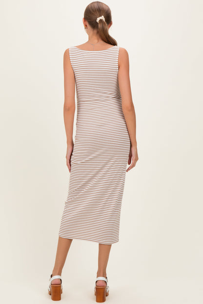 Mocha Striped Boat Neck Sleeveless Maternity Midi Dress