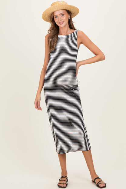 Black Striped Boat Neck Sleeveless Maternity Midi Dress