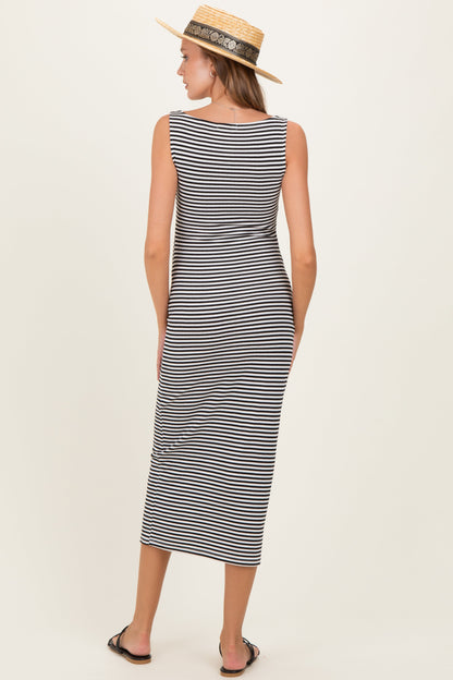 Black Striped Boat Neck Sleeveless Maternity Midi Dress