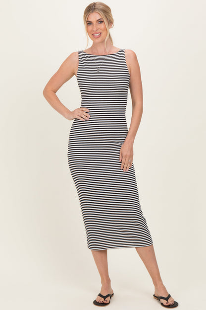 Black Striped Boat Neck Sleeveless Maternity Midi Dress