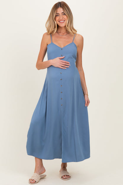 Slate Blue Button Accent Maternity Midi Dress