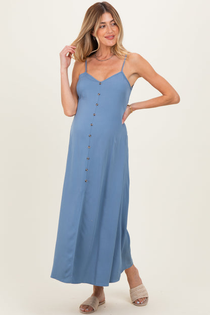 Slate Blue Button Accent Maternity Midi Dress