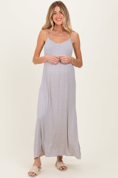 Oatmeal Striped Sleeveless Maternity Maxi Dress
