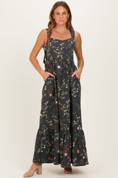 Forest Green Floral Bow Strap Maternity Maxi Dress