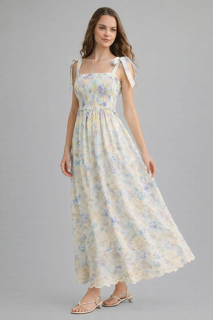 Blue Floral Smocked Shoulder Tie Maternity Maxi Dress