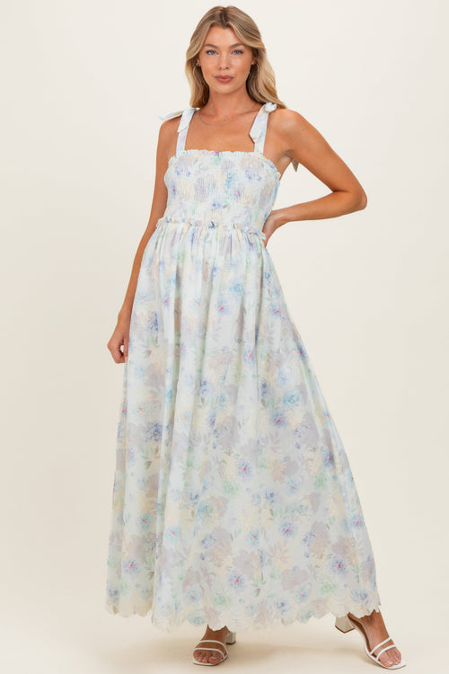 Blue Floral Smocked Shoulder Tie Maternity Maxi Dress