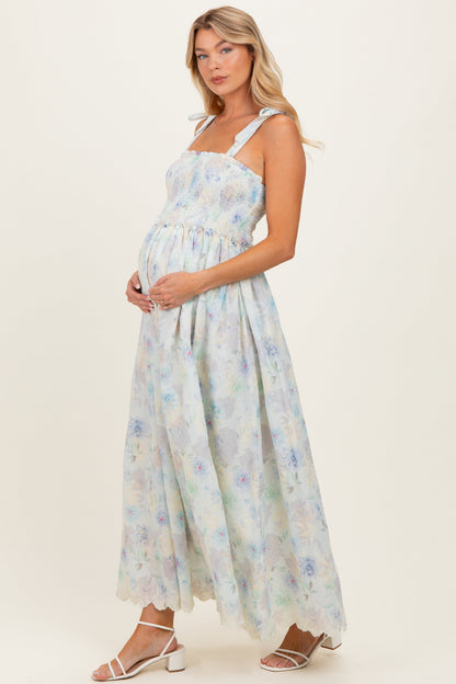 Blue Floral Smocked Shoulder Tie Maternity Maxi Dress