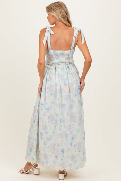 Blue Floral Smocked Shoulder Tie Maternity Maxi Dress