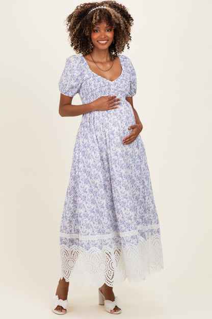 Light Blue Floral Smocked Maternity Maxi Dress