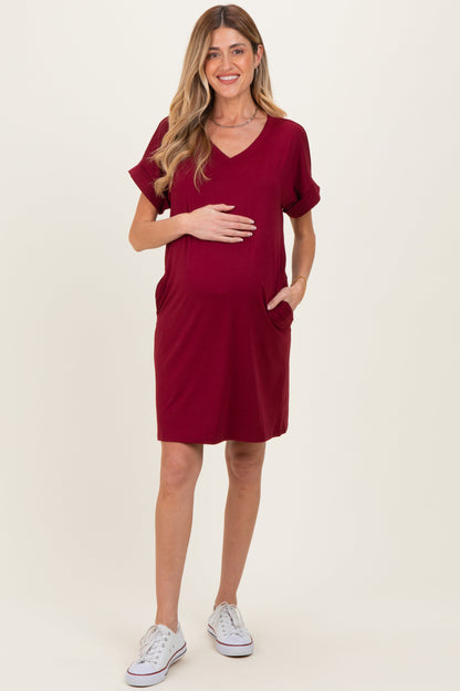 Cabernet Brushed Rolled Short Sleeve V-Neck Maternity Dress