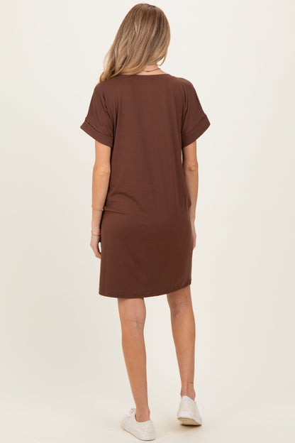 Brown Brushed Rolled Short Sleeve V-Neck Maternity Dress