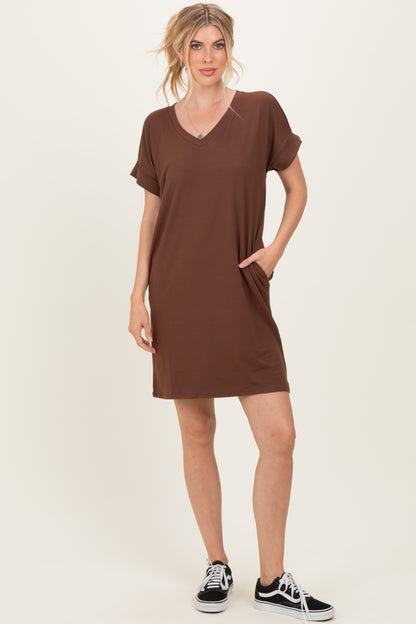 Brown Brushed Rolled Short Sleeve V-Neck Maternity Dress