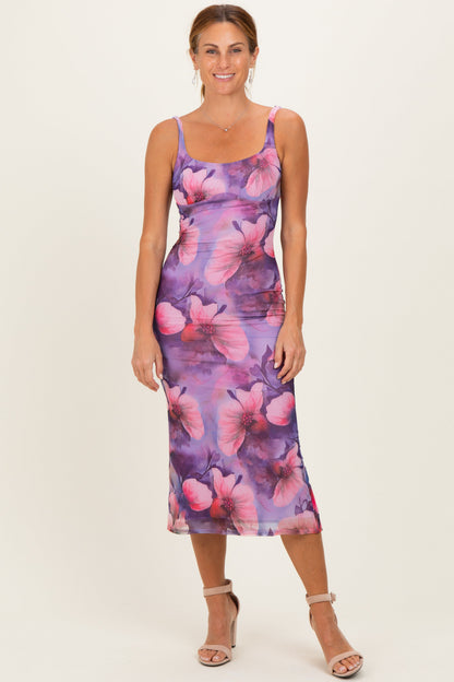 Lavender Mesh Floral Sleeveless Maternity Midi Dress