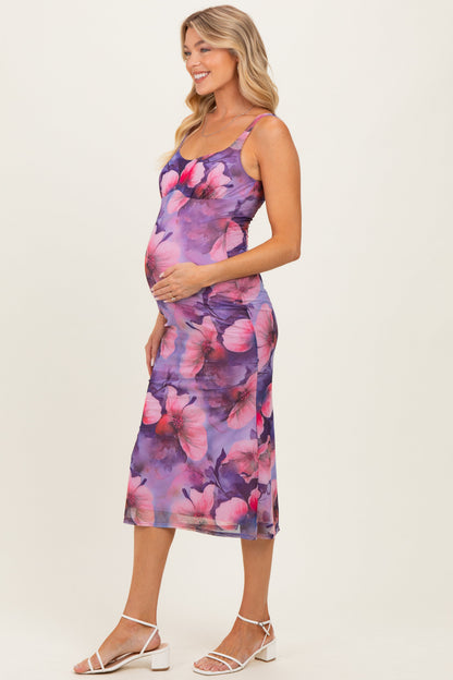 Lavender Mesh Floral Sleeveless Maternity Midi Dress