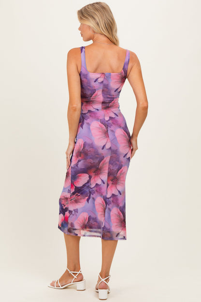 Lavender Mesh Floral Sleeveless Maternity Midi Dress