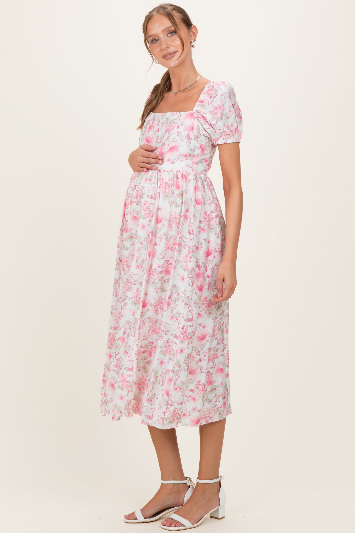 Pink Floral Crisscross Back Maternity Midi Dress