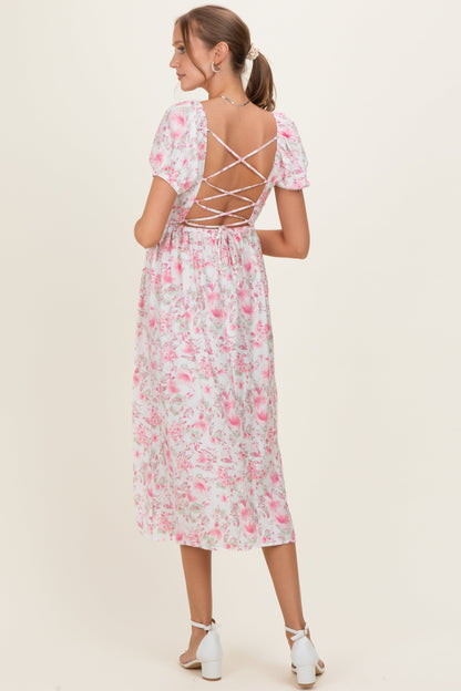 Pink Floral Crisscross Back Maternity Midi Dress