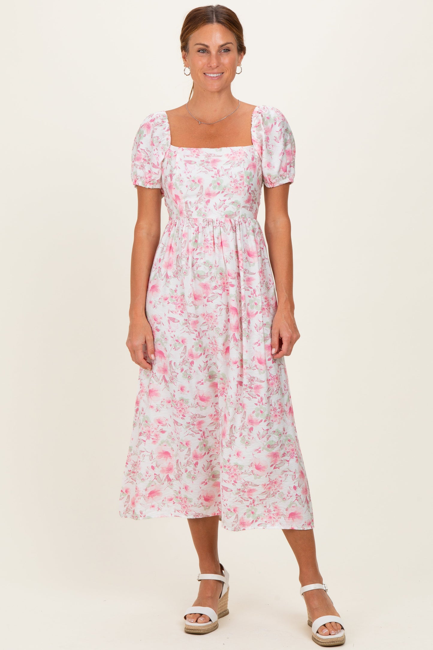 Pink Floral Crisscross Back Maternity Midi Dress