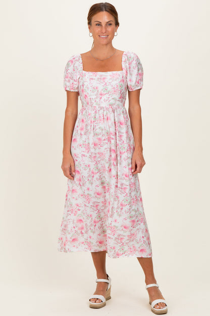 Pink Floral Crisscross Back Maternity Midi Dress