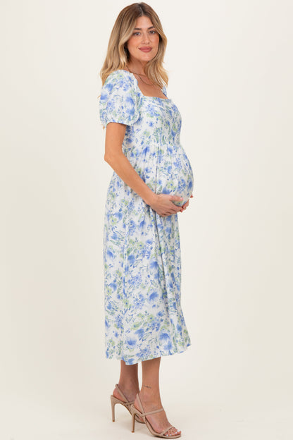 Blue Floral Crisscross Back Maternity Midi Dress