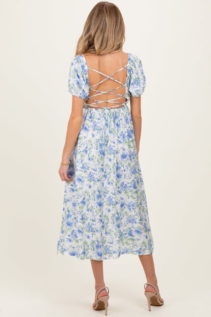 Blue Floral Crisscross Back Maternity Midi Dress