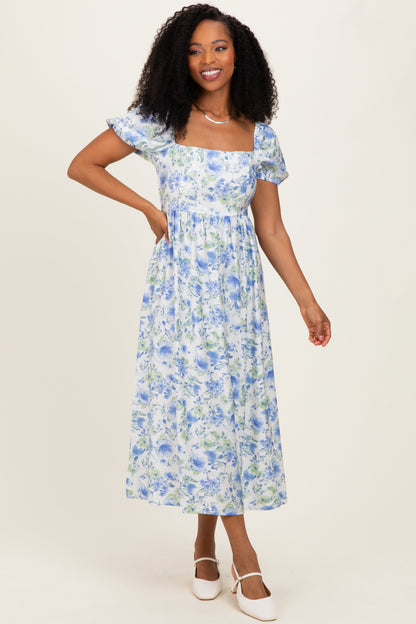 Blue Floral Crisscross Back Maternity Midi Dress