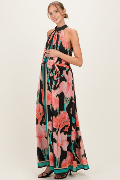 Black Floral Halter Maternity Maxi Dress
