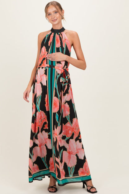 Black Floral Halter Maternity Maxi Dress