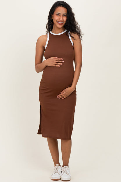 Brown/Soft White High Neck Ribbed Sleeveless Maternity Midi Dress